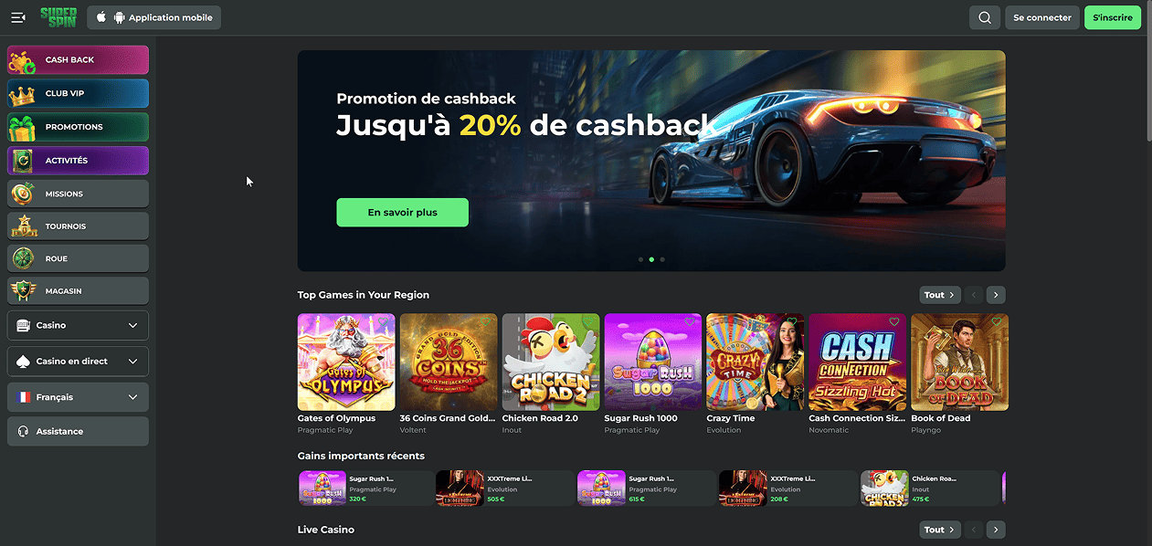 Screenshot of the SuperSpin website